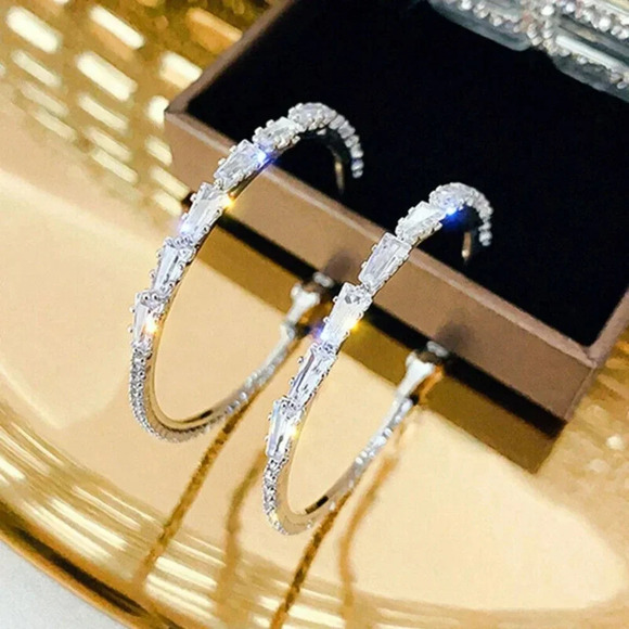 NEW 18K White Gold Diamond Hoop Earrings - Picture 3 of 10